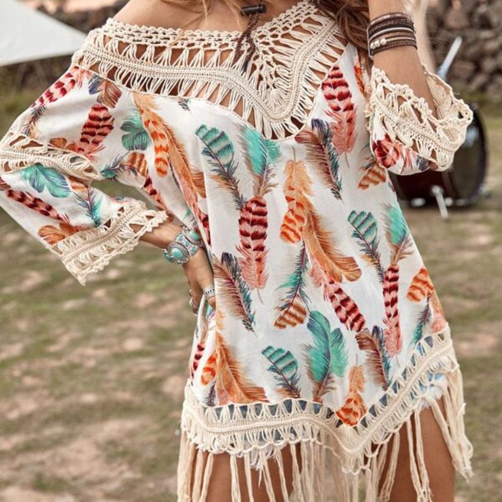 Boho Tribal Feather Print Fringe Detail TOp - Picture 5 of 8